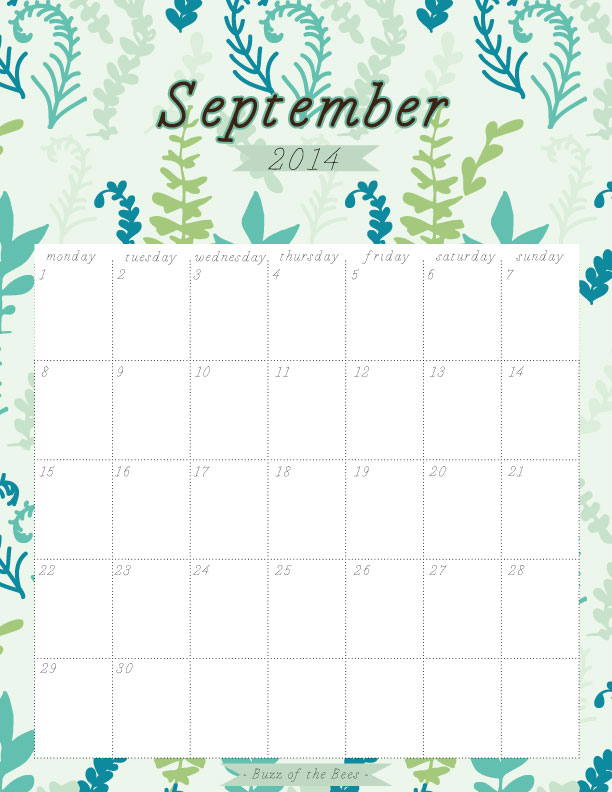 September 2014 Printable Calendar - Buzz of the Bees